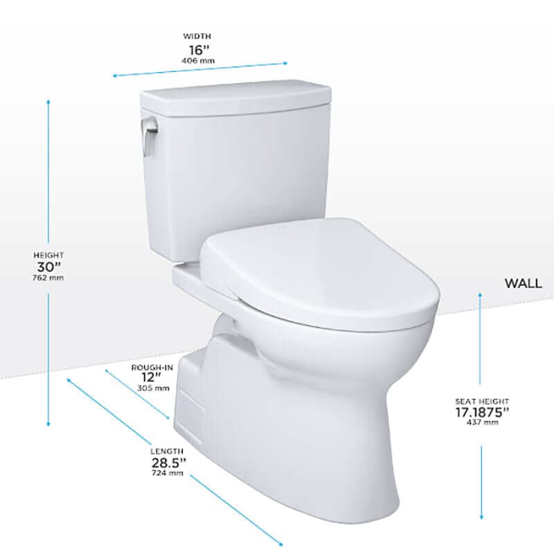 TOTO Vespin II 1G Washlet + S7A Two-Piece - White toilet with dimensions labeled on a white background
