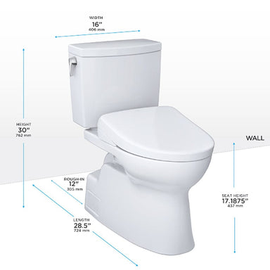 TOTO Vespin II 1G Washlet + S7 Two-Piece Toilet with dimensions, including seat height, width, and rough-in measurements shown.