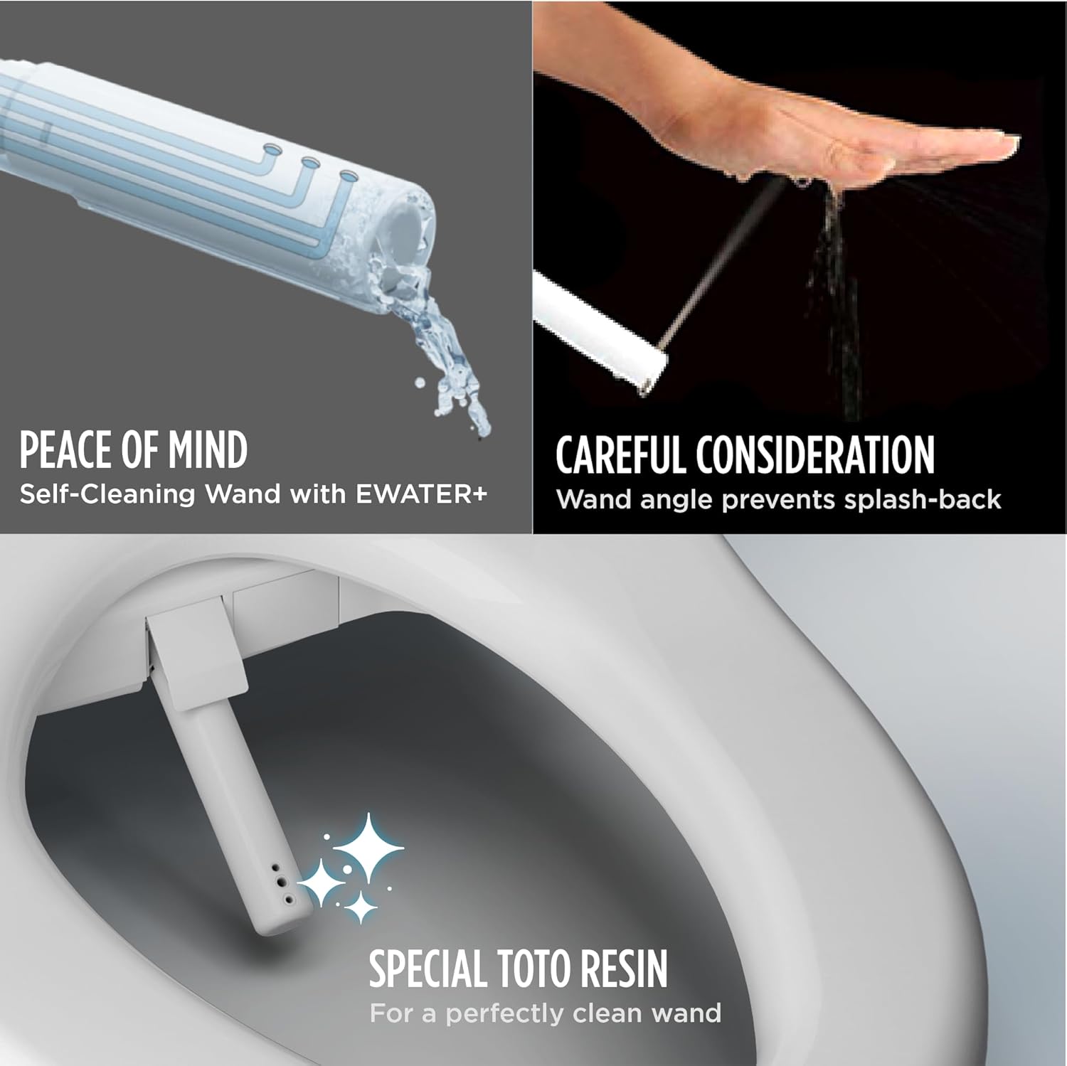 TOTO Vespin II 1G Washlet + S7 Two-Piece - Advertisement for a self-cleaning wand with EWater+ technology, showing water flow and angle prevention.