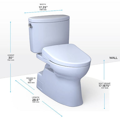 TOTO Vespin II Washlet + S7 Two-Piece toilet with dimensions: width 17.25", height 30", rough-in 12", length 28.5", seat height 17.1875".