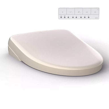 TOTO Washlet S7A Bidet Toilet Seat Elongated - Sedona Beige with remote control, featuring auto-cleaning and heated seat.