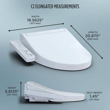 TOTO Washlet C2 Bidet Toilet Seat with dimensions: width 18.5625 inches, length 20.875 inches, height 5.8125 inches.