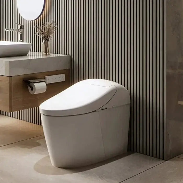 TOTO Washlet G5A Smart Toilet MS7631CEMFG#01 with dual flush system and remote control in modern bathroom setting.
