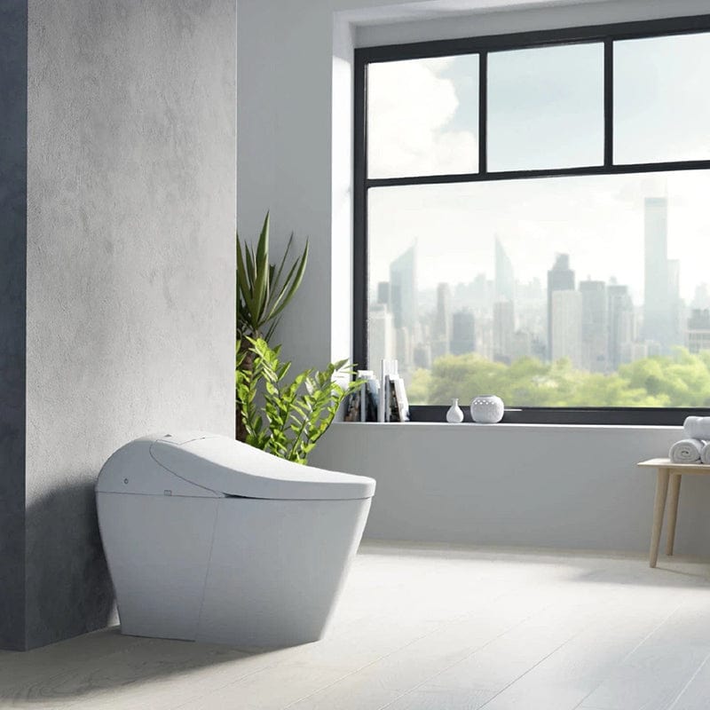 TOTO Washlet G5A Smart Bidet Toilet in modern bathroom with city view, featuring 1.2 and 1.0 GPF options.