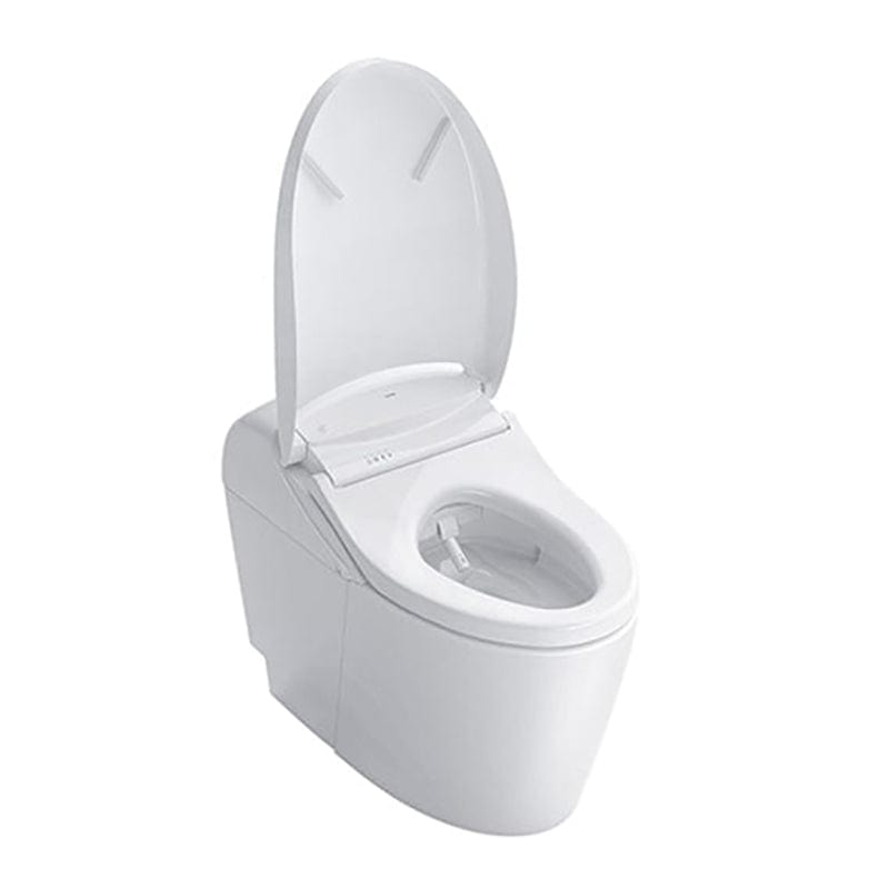 TOTO Washlet G5A Smart Bidet Toilet with open lid, 1.2 and 1.0 GPF flush options. Innovative design for enhanced comfort and hygiene.