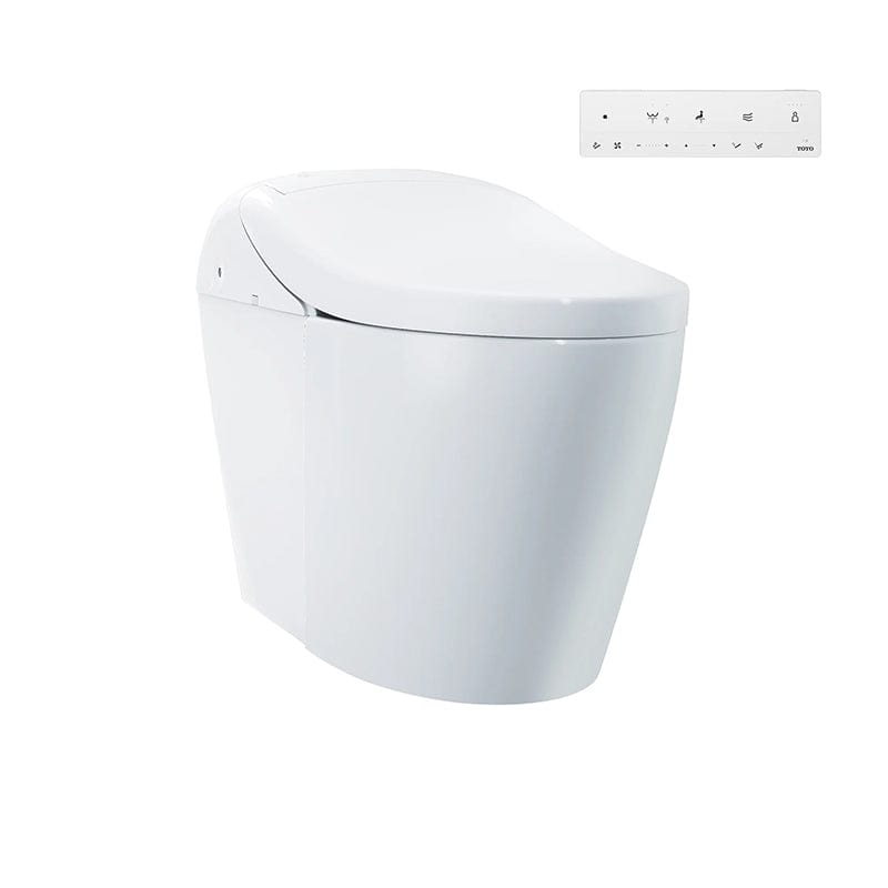 TOTO Washlet G5A smart bidet toilet with remote control, offers 1.2 and 1.0 GPF efficient flush system for modern bathrooms.