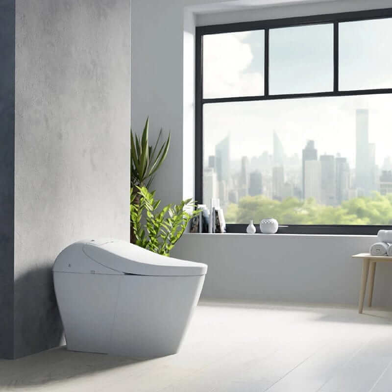 Modern bathroom with TOTO Washlet G5A Smart Toilet MS7631CEMFG#01 featuring dual flush, remote control, and auto deodorizer.