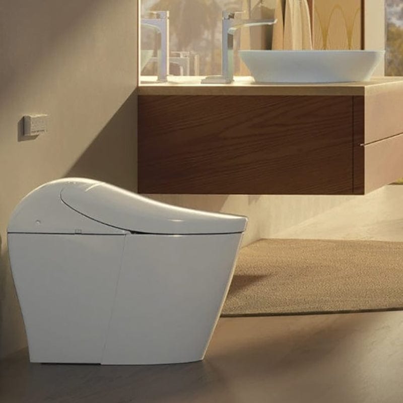 TOTO Washlet G5A Smart Bidet Toilet with modern bathroom setup, featuring water-efficient 1.0 and 1.2 GPF technology.