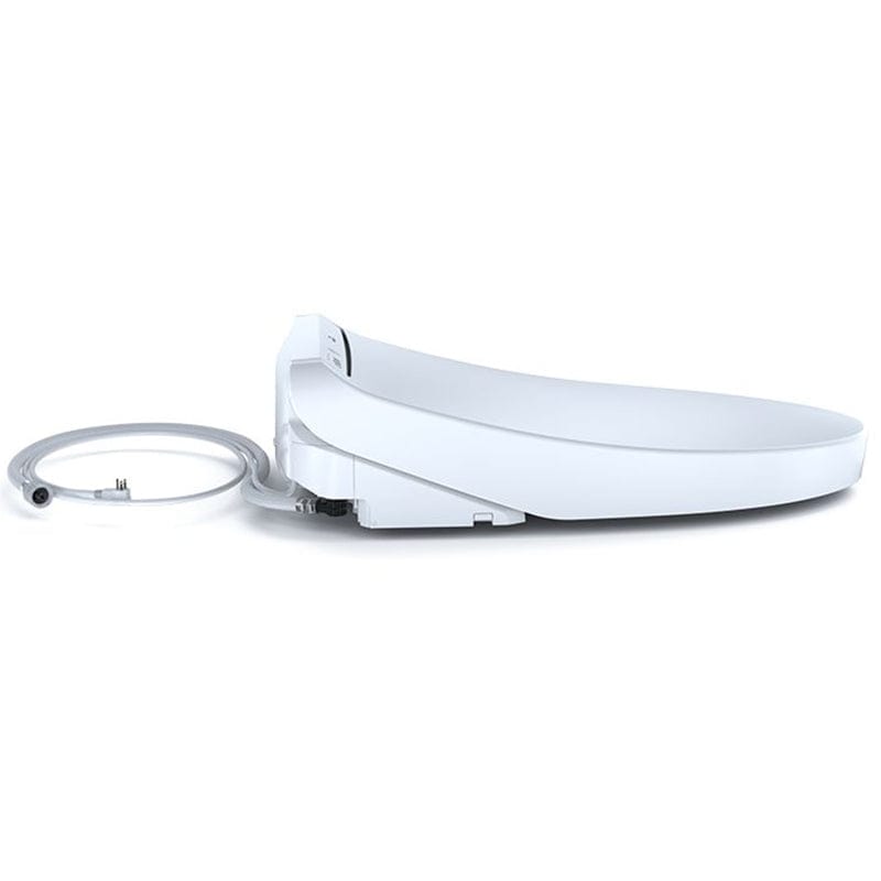 TOTO Washlet K300 Bidet Toilet Seat - Elongated - White side view with attached hose