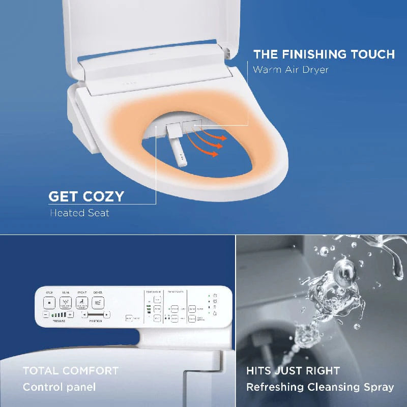 TOTO WASHLET KS2 Bidet Seat - Heated toilet seat with air dryer, control panel, and cleansing spray on a blue background.