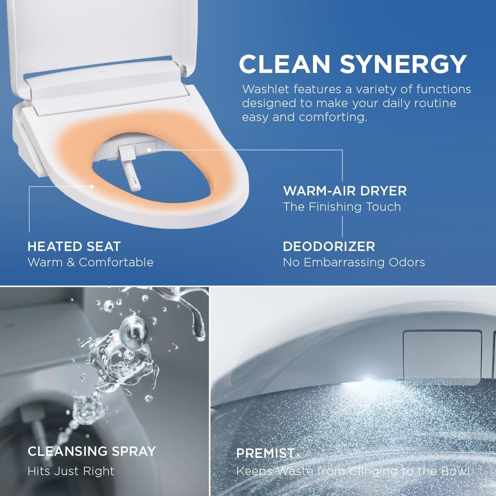 TOTO WASHLET KS5 Round Bidet Seat - with features like warm-air dryer, heated seat, deodorizer, cleansing spray, and premist.