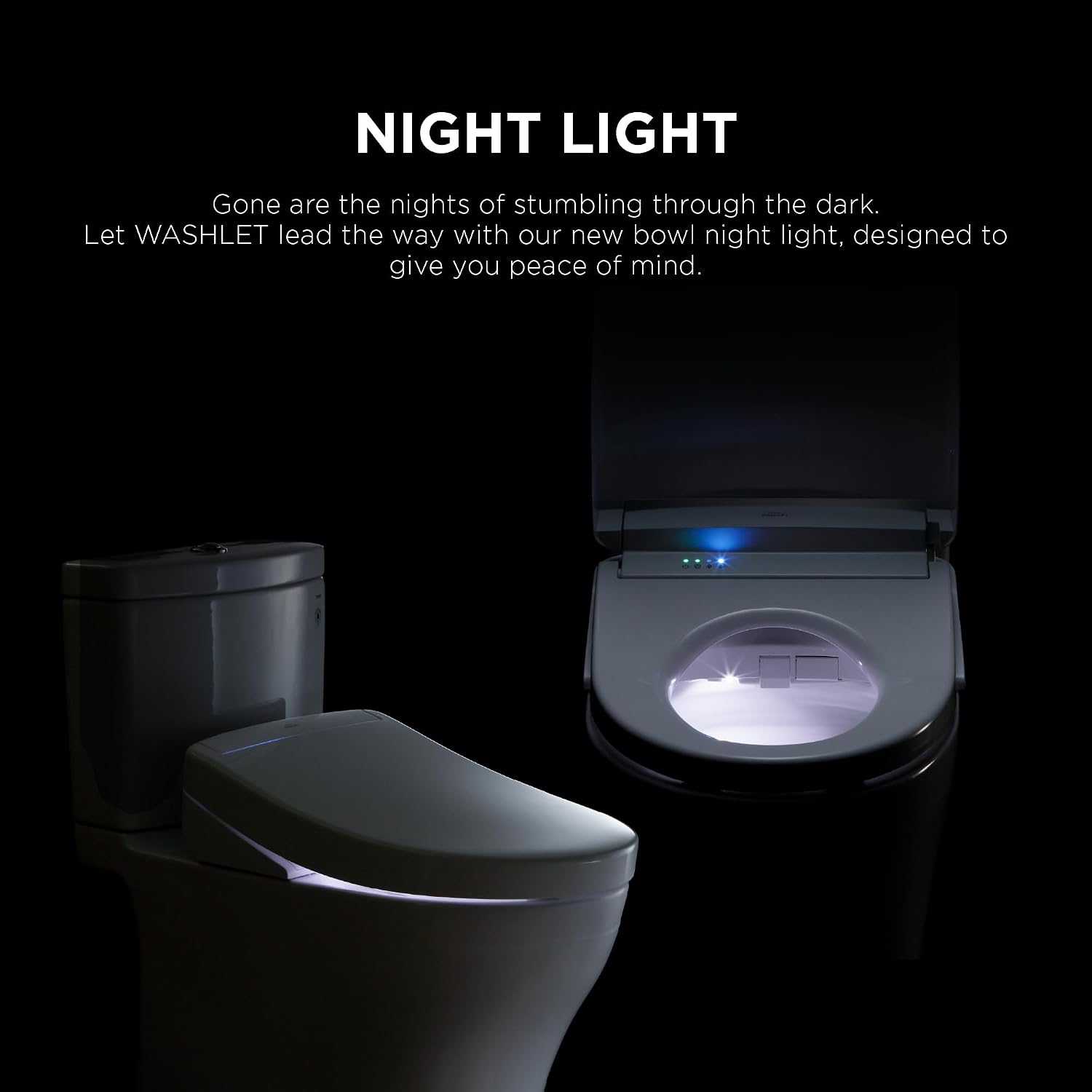 TOTO WASHLET KS5 Round Bidet Seat - WASHLET toilet with night light feature on a black background