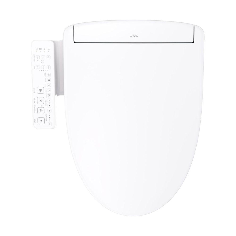 TOTO WASHLET® S2 Bidet Seat (Round & Elongated) - Elongated white toilet bidet seat with control panel on a white background