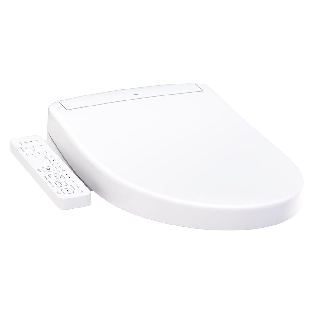 TOTO WASHLET® S2 Bidet Seat (Round & Elongated) - Elongated white toilet seat with remote panel on a white background