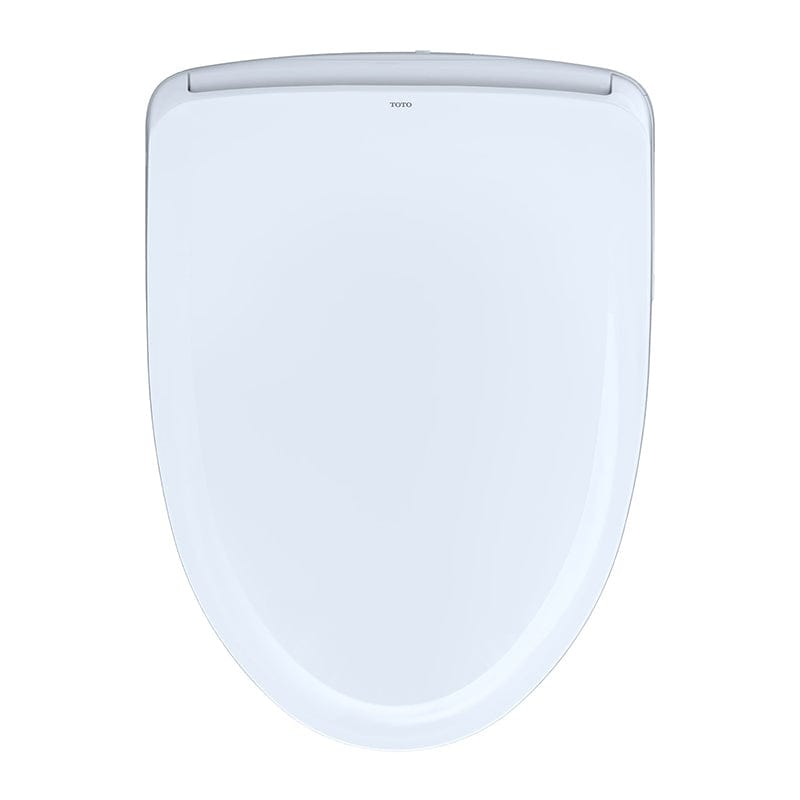 Top view of TOTO Washlet S500E elongated bidet toilet seat in white finish.