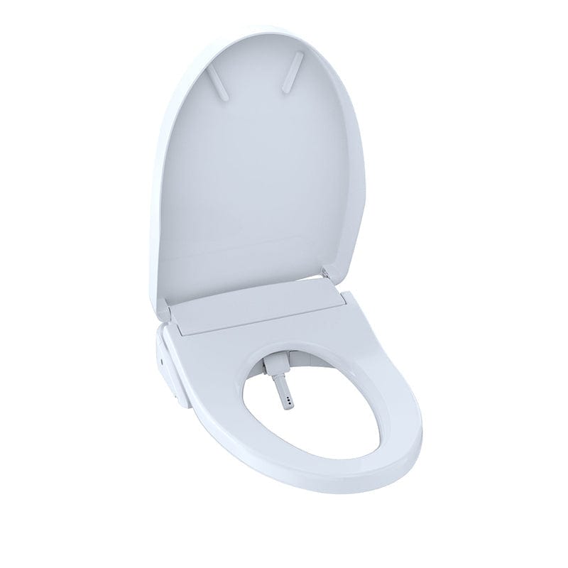 TOTO Washlet S500E elongated bidet toilet seat with lid open, showcasing compact design and advanced cleaning features.