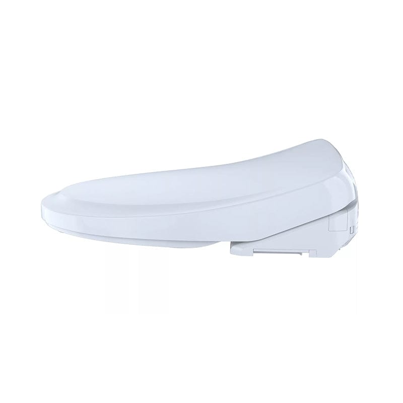 Side view of TOTO Washlet S550E bidet toilet seat in white, showcasing sleek and modern design.