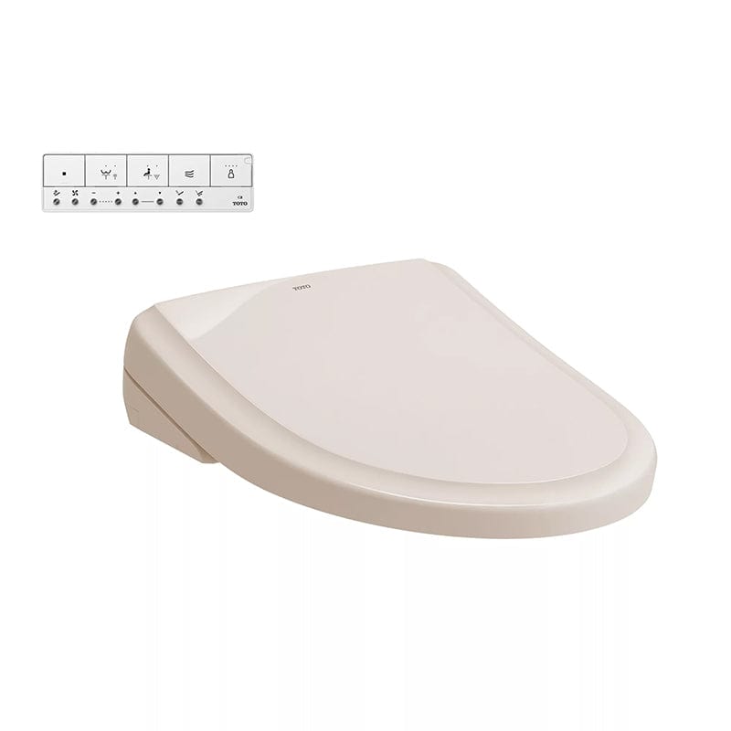 TOTO Washlet S7 elongated bidet seat in Sedona Beige with remote control panel.