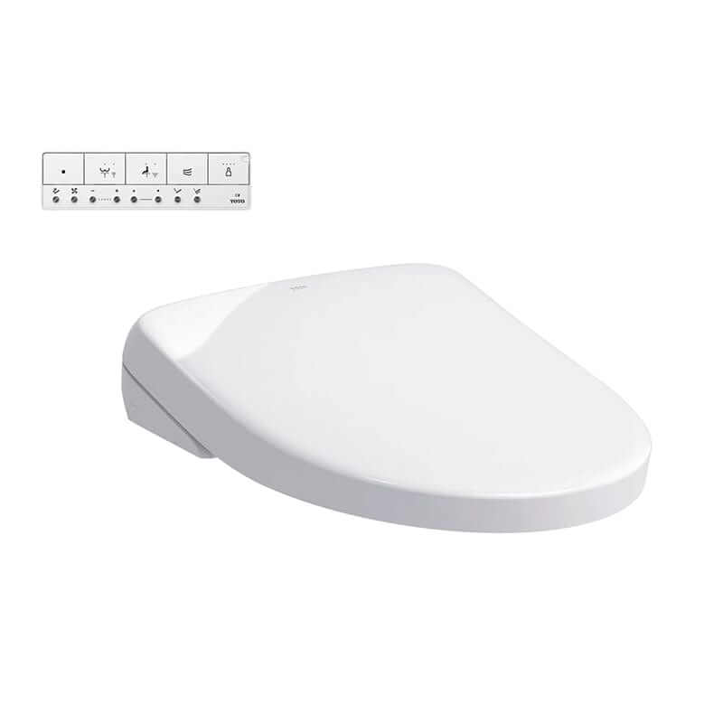 TOTO Washlet S7 Bidet Toilet Seat - Elongated corner view with remote on a white background