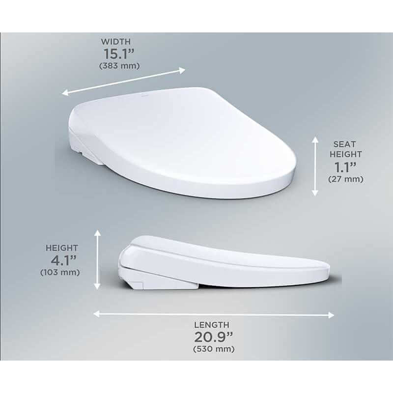 Dimensions of the TOTO Washlet S7 Bidet Toilet Seat illustrating width, height, seat height, and length in millimeters and inches