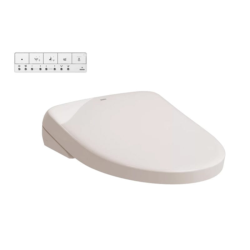 TOTO Washlet S7 elongated bidet seat in Sedona Beige with remote control.