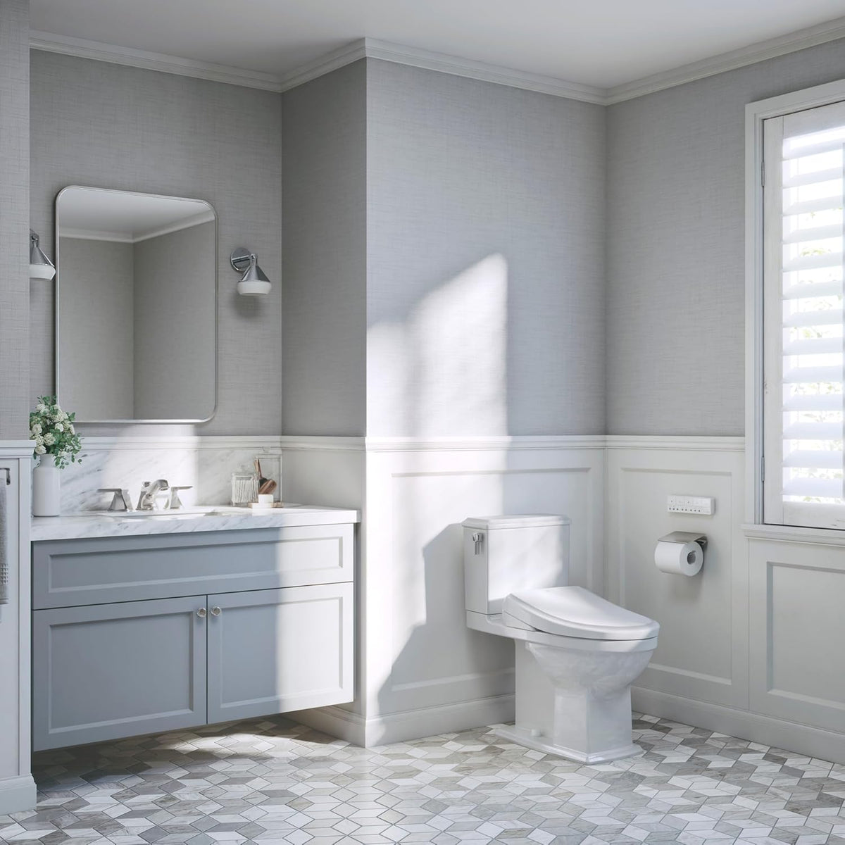 TOTO Washlet S7 - Elongated Bidet Seat, Sedona Beige - Modern bathroom with gray walls, white fixtures, and a mirror.