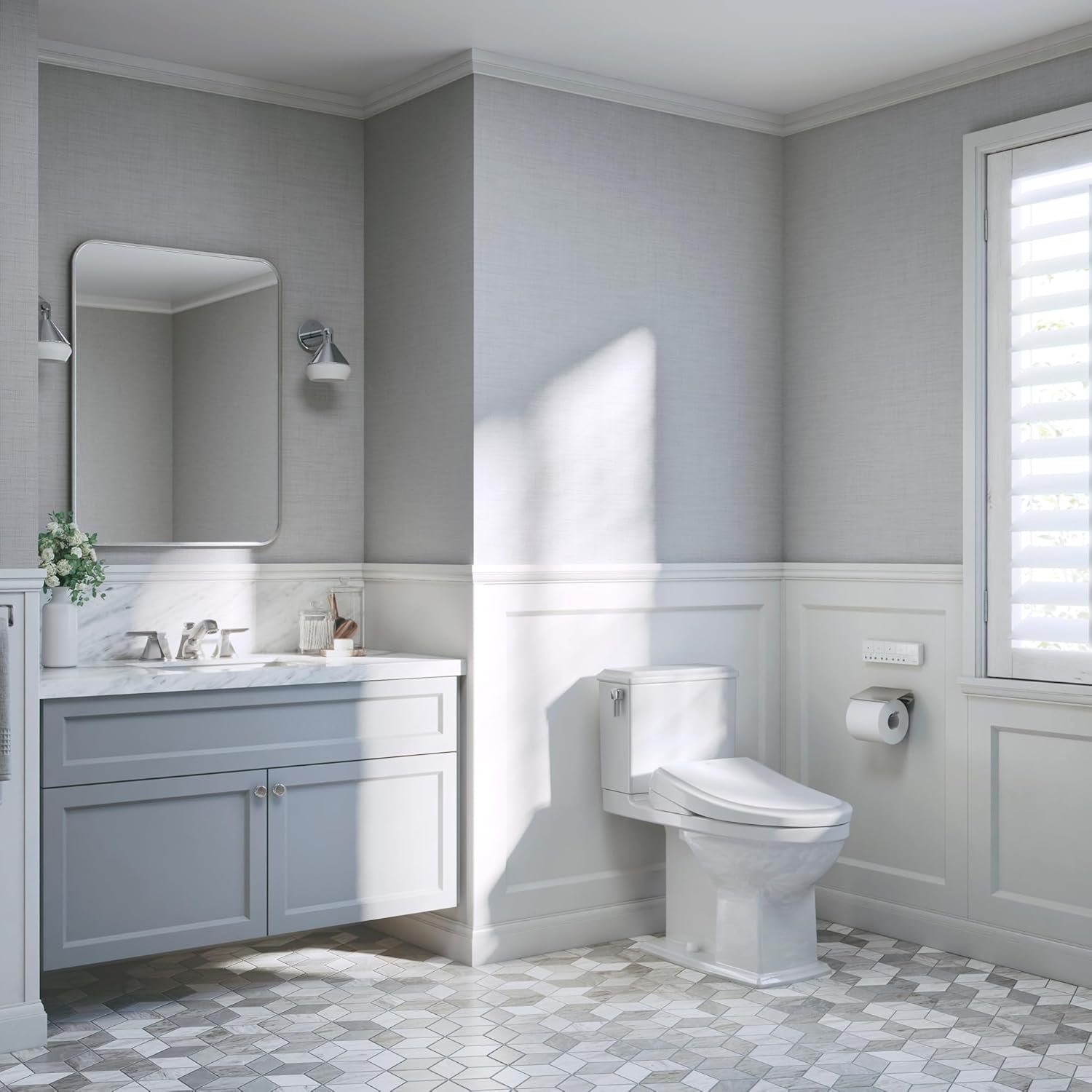 TOTO Washlet S7 - Elongated Bidet Seat, Sedona Beige - Modern bathroom with gray walls, white fixtures, and a mirror.