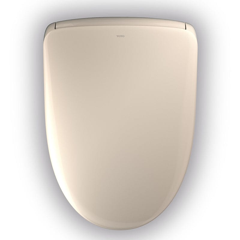 TOTO Washlet S7A Bidet Toilet Seat, Elongated, Sedona Beige. Image showing closed seat from above.