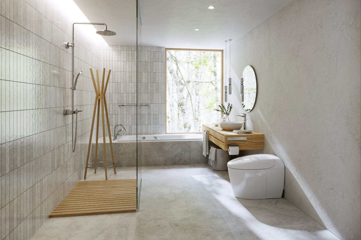 TOTO Neorest RS Bidet Toilet - Modern bathroom with shower, bathtub, and toilet.