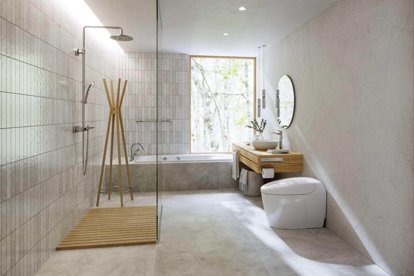 TOTO Neorest RS Bidet Toilet - Modern bathroom with shower, bathtub, and toilet.