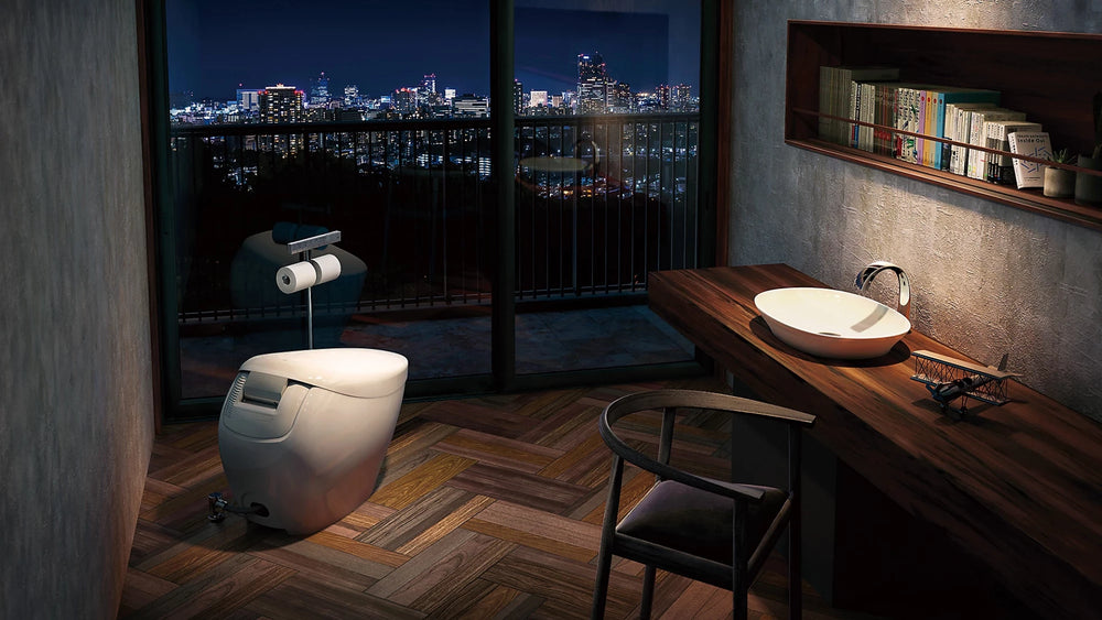 NX2 - Modern bathroom with a toilet and sink, cityscape view from window