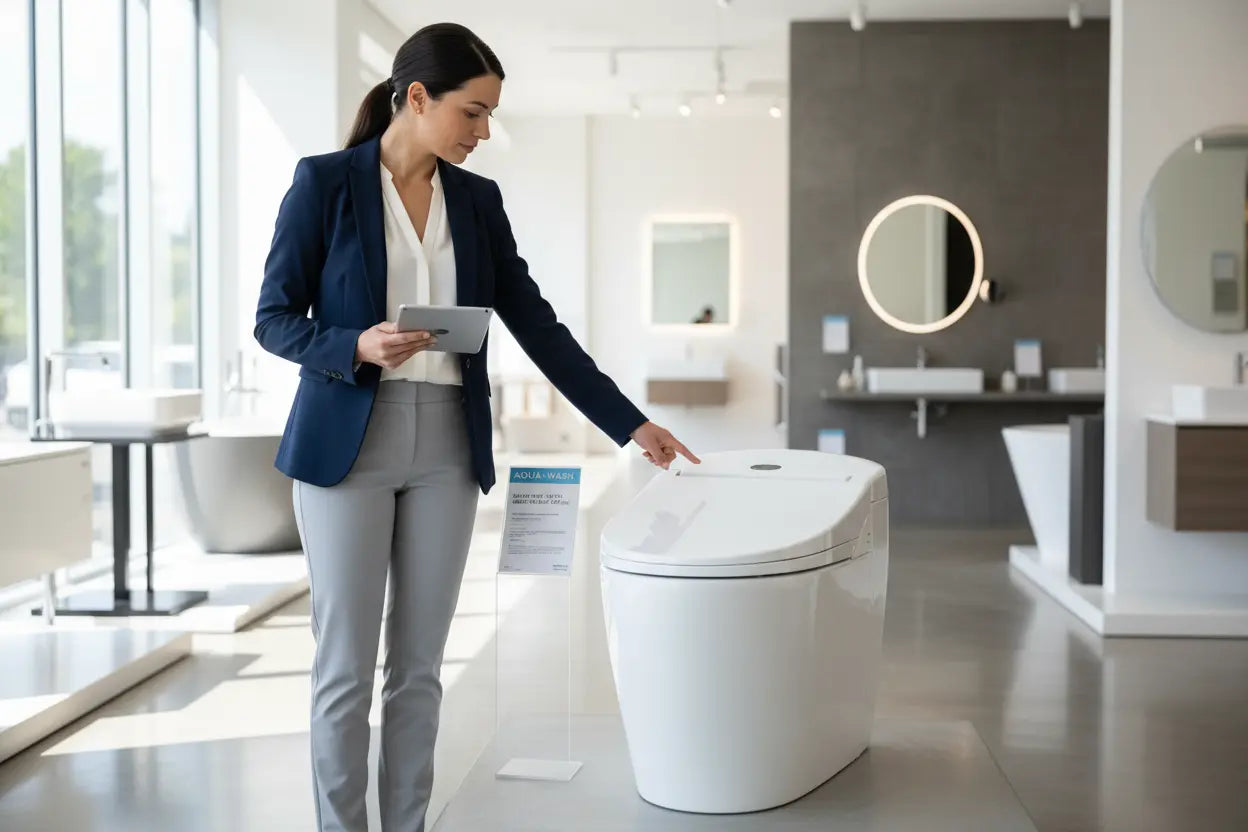 Woman testing toilet with built-in bidet
